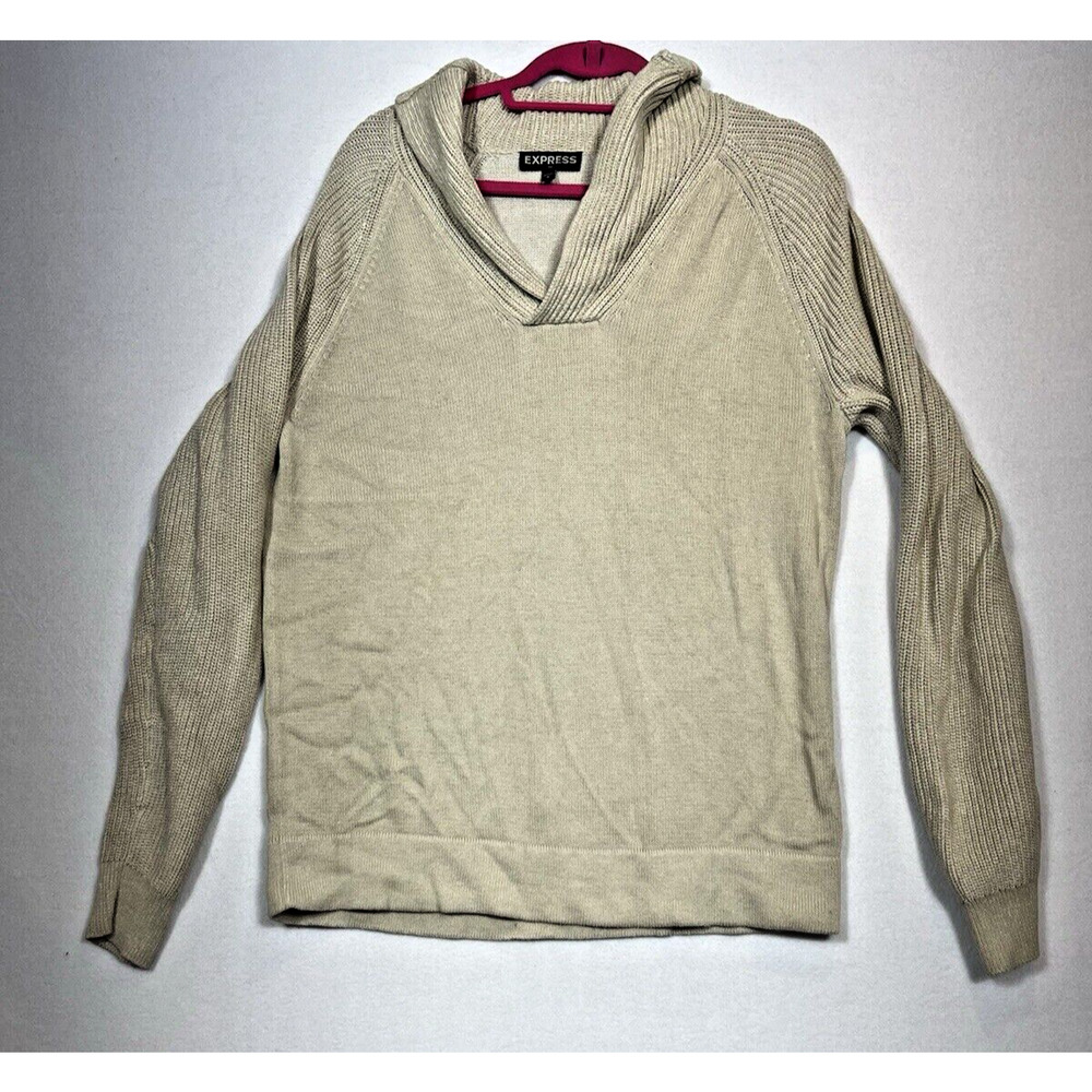 Express Men's Tan Sweater Large Cotton Shawl Neck Long‎ Sleeve Pullover
